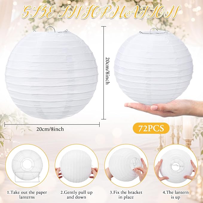 Treela 72 Pack White Chinese Japanese Paper Lanterns Decorative Hanging Round Paper Lantern Lamps for Wedding Birthday Party Decorations (8 Inch)
