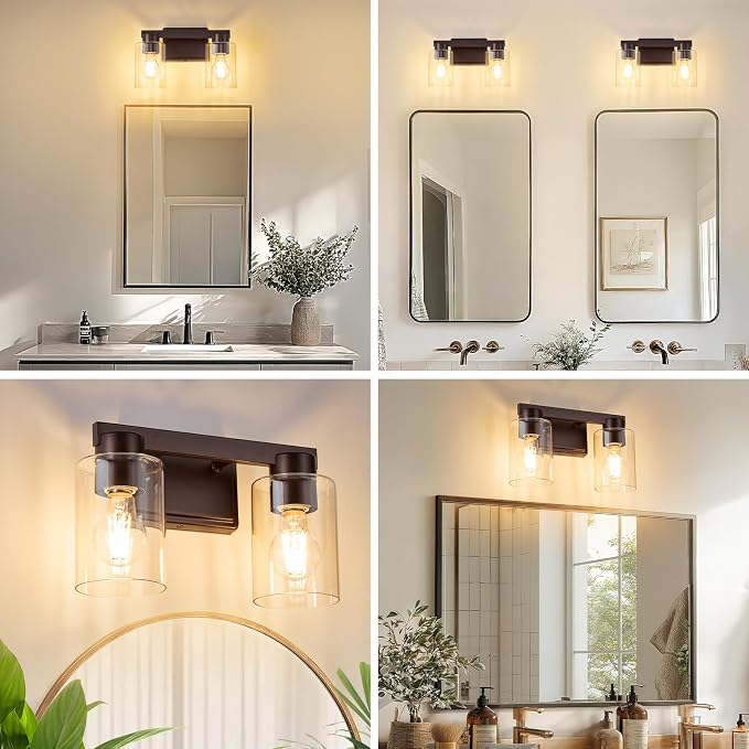 2-Light Bathroom Light Fixtures with Clear Glass, Oil Rubbed Bronze | Vanity Lights, Modern Wall Sconces, Over Mirror for Bathroom, Powder Room, Living Room