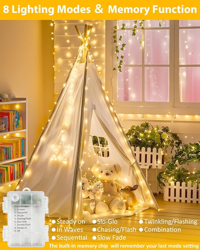 2 Pack 100LED Christmas Battery Operated Fairy Lights with Remote, 8 Modes String Lights with Timer, Dimmable, Memory Function, Waterproof Twinkle Lights for Outdoor Indoor Christmas Decor(Warm White)