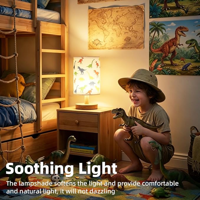 Dinosaur Kids Table Lamp for Bedroom Boys Bedside Lamps,3 Colors Dimmable Dinosaur Nightstand Night Light with Cartoon Lampshade Desk Lamp for Girls Boys Room Nursery Decor Dino Birthday Gifts for Boy