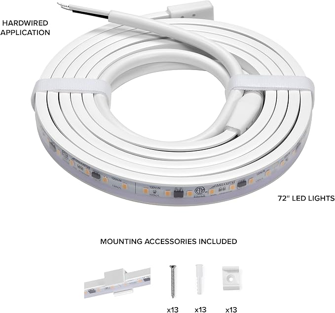 Maxxima 72 in. Hardwired LED Under Cabinet Strip Light, 2760 Lumens, 3000K Warm White, Kitchen and Living Room 120V White Cove Lighting, No Power Supply Needed