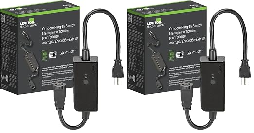 Leviton Decora Smart Wi-Fi Outdoor Plug, Works with Matter, My Leviton, Alexa, Google Assistant, Apple Home/Siri&Wire-Free Anywhere Switch Companion,Weather-Resistant,D215O-1RE, Black (Pack of 2)