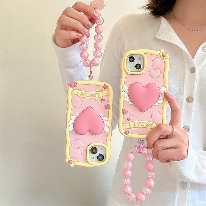 Kawaii Phone Case for iPhone 12 Pro with Bracelet Cute 3D Cartoon Lucky Love Silicone Protective Case Cover for Women & Girl