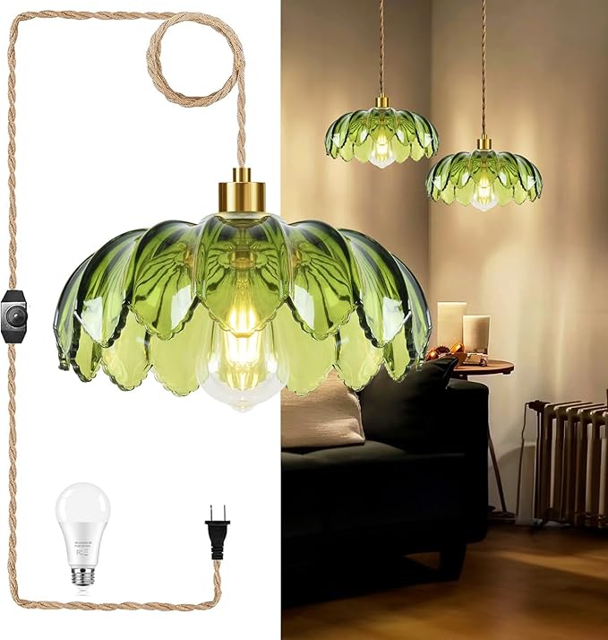 Plug in Pendant Light Hanging Lights with Plug in Cord Boho Hanging Lamp Glass Gold Mid Century Modern Vintage Dimmable Green Flower Plug in Chandelier Ceiling Fixture for Living Room,Kitchen
