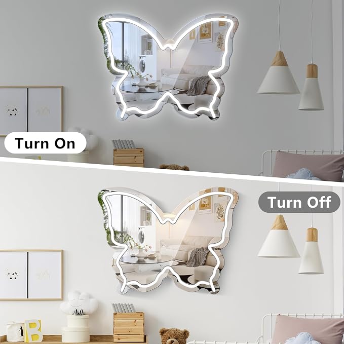Butterfly Neon Sign Mirror, LED Neon Sign for Wall Decor, 15.7'' x 12'' Dimmable Neon Light for Teen Girls & Kids Birthday Gift, Neon Signs for Room Decor, Wall Mirror, USB Powered (Daylight White)