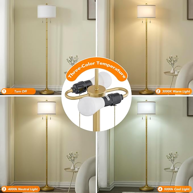 Upgraded 2-Light Mid Century Modern Glod Floor Lamp for Living Room | 63.5'' Tall Floor Lamp with 3 Color Temp Bulbs, Living Room Lamp with Chain Switch, Standing Lamp for Bedroom, Office, Corner