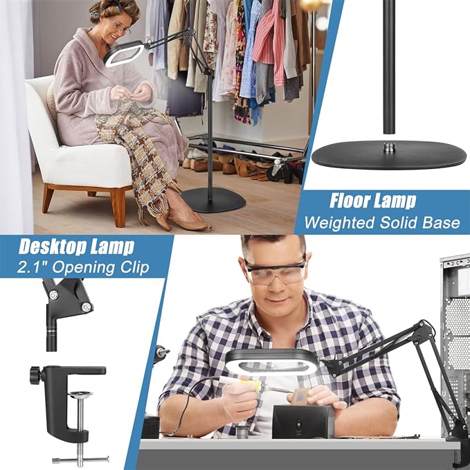 IVMAIE 10X Magnifying Glass with Light and Stand, Real Glass Lens, 5 Color Modes LED Dimmable Lighted, 3-in-1 Floor Lamp with Clamp, Hands Free Magnifier for Reading, Craft Close Work, Carbon Black