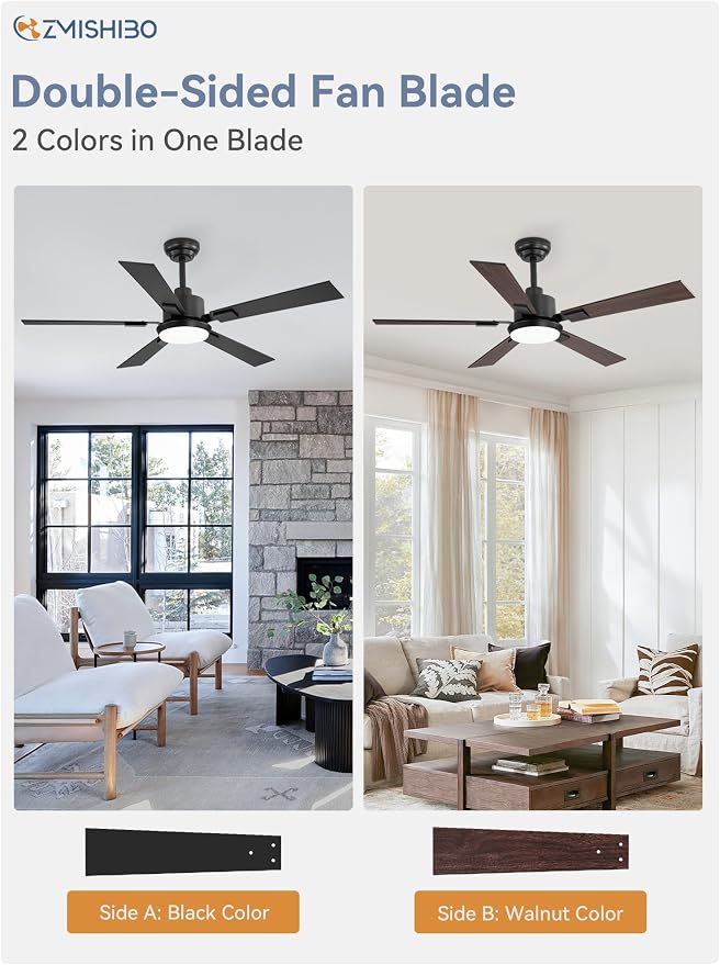 ZMISHIBO 52" Ceiling Fans with Lights for Bedroom, Living Room, Remote | High CFM Powerful Airflow, Quiet DC Motor, 3 CCT LED, Indoor/Covered Outdoor, Dual-Finish, Damp Rated, Black