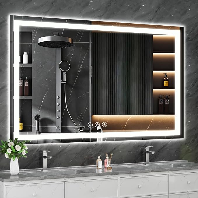 Koonmi 60x36 LED Bathroom Mirror with Light, Anti-Fog, 3 Colors | Backlit + Front Lit, Dimmable Brightness, Shatterproof HD Distortion-Free Tempered Glass, Hardware Included