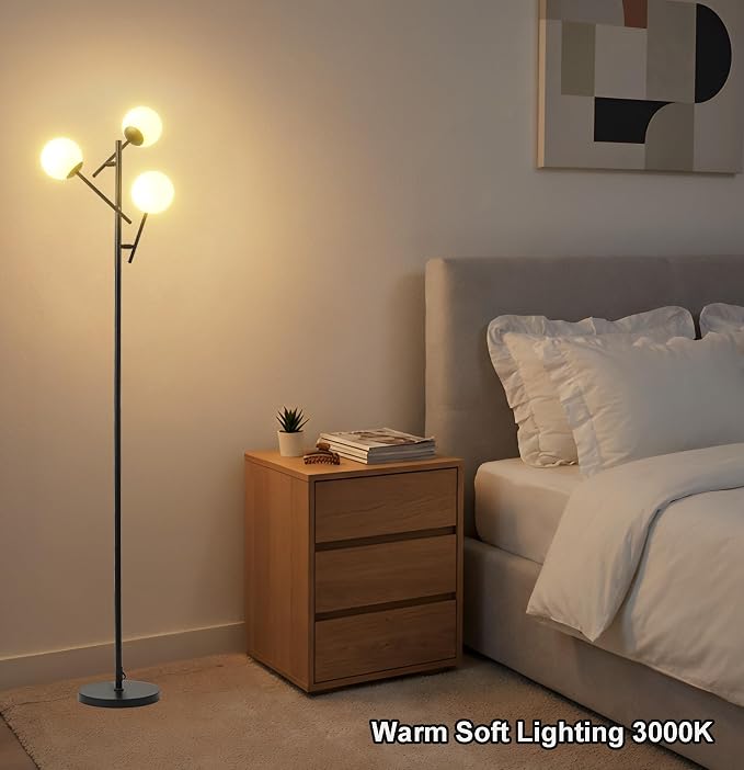 Fiqevs 3 Globe Floor Lamp for Living Room, Swing Arms Standing Tree Lamp | 3000K Warm White Light, 3 LED Bulbs Included, Adjustable Orb Glass Shade Mid Modern Lamp for Bedroom/Office, Matt Black