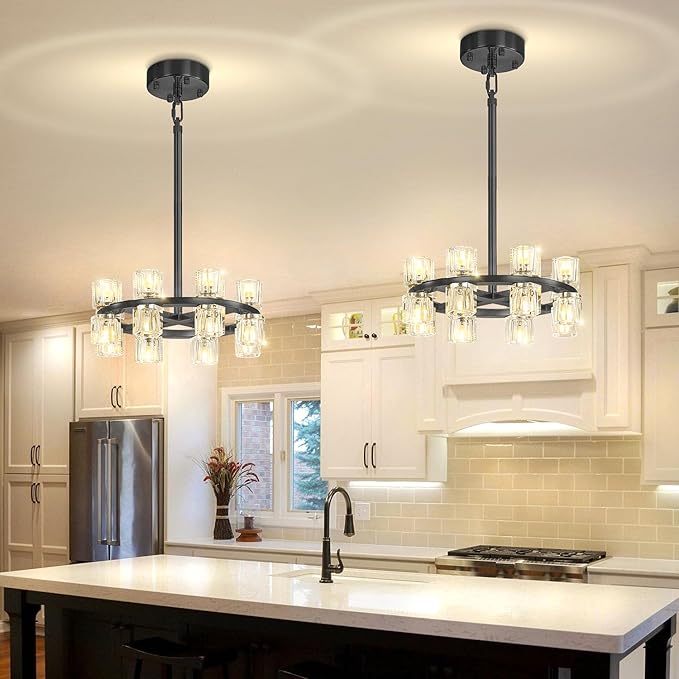 D16 Small Wagon Wheel Chandeliers 16-Lights Black Round Chandelier Pendant Light for Kitchen Island Crystal Chandeliers for Dining Room,Living Room
