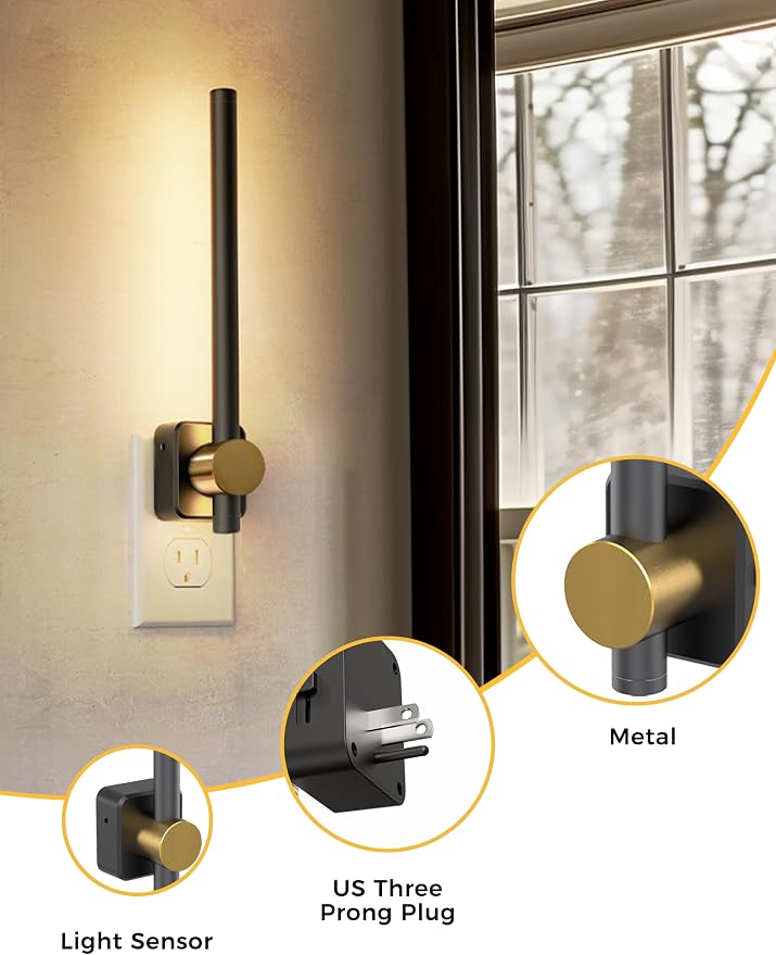 L LOHAS LED Night Light, Night Lights Plug into Wall, Dimmable Night Light | 0-200LM, Nightlight Black and Gold Vanity Light Bar for Bathroom Bedroom, Soft White 3000K, Dusk to Dawn Sensor
