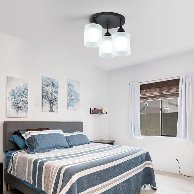 Semi Flush Mount Ceiling Light with Clear Glass Shades,3-Lights Industrial Semi Flush Mount Ceiling Light, 3-Light Industrial Black Light Fixtures Ceiling Mount for Kitchen Living Room Foyer