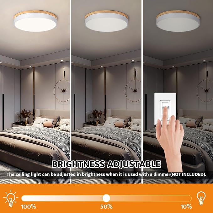 Yiisem Dimmable Wood LED Flush Mount Ceiling Light, White, 15.8 in | 5CCT 2700K-6000K Modern Close to Ceiling Lighting Fixtures, Round Ceiling Lamp for Living Room, Bedroom, Laundry Room