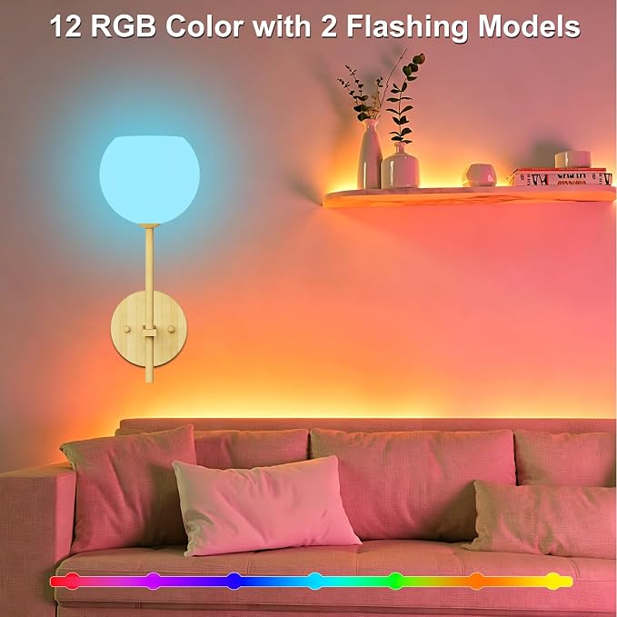 Wood Grain Battery Operated Wall Sconces Set of 2, Rechargeable Wireless Wall Lights with Milky White Frosted Glass, 12 RGB and 3CCT Dimmable Wall Lamps with Remote for Bedroom Living Room Hallway