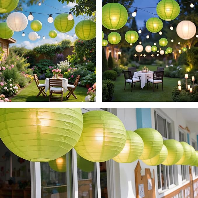 Green Chinese Paper Lanterns with LED Lights, 10-Pack 10inch