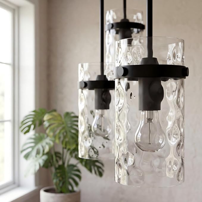 Modern Clear Wavy Glass Pendant Light 2 Pack - Thick Glass Adjustable E26 Hanging Lamp with Elegant Warm Glow for Kitchen Island, Dining Room & Hallway