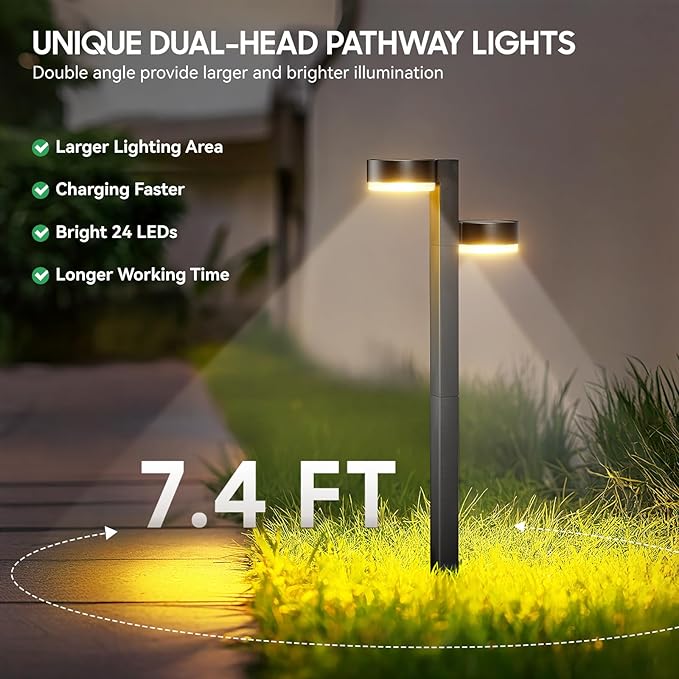 Solar Pathway Lights Outdoor Waterproof, 2 Pack with 4 Head Solar Lights Outdoor Super Bright Up to 15Hrs, Auto On/Off Garden Light for Yard Patio Path Walkway Driveway Outside Decor