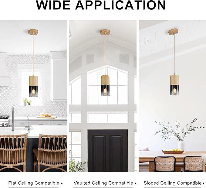 3-Pack Gold Pendant Light Fixtures, Adjustable Modern Black Pendant Lights for Kitchen Island, Industrial Glass Pendant Lights for Dining Table Hallway Bedroom Living Room