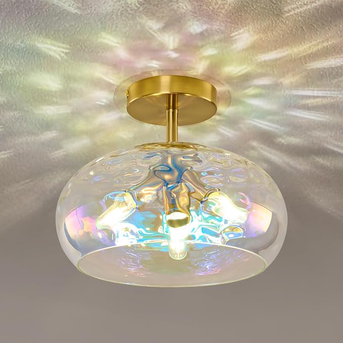 Vintage Semi Flush Mount Ceiling Light ,12″ Art Deco Rainbow Hammered Glass | Gold,Mid Century,Whimsical,MCM,Unique Cute Retro Light Fixtures for Girls Bedroom,Entryway Laundry Room Kitchen Closet Foyer