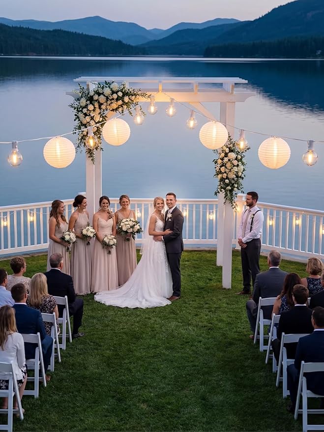 25Ft White Lantern String Lights with 10pcs G40 LED Bulbs,Nylon Hanging Chinese White Lanterns Connectable for Indoor Outdoor,Summer Camping,Wedding,Bedroom,White Wire