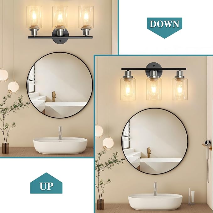 Modern Bathroom Light Fixtures, 3 Light Vanity Lights, Black and Brushed Nickel Wall Lamp with Clear Glass for Bathroom, Mirror, Living Room, Bedroom, Hallway, E26 Base