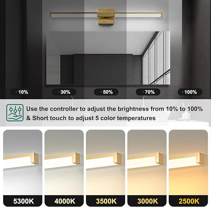 32 Inch Bathroom Vanity Light Fixtures, Gold Modern Light Fixtures Over Mirror, 16W 5CCT Dimmable Wall Light- 2Pack