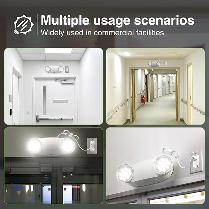 FREELICHT 12 Pack Emergency Lights with Battery Backup, AC 120V, Two Head Adjustable, LED Emergency Lighting Fixture for Business Commercial Use with 4FT Plug in Cord, UL Listed