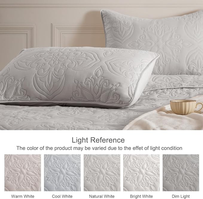 Whale Flotilla Twin Quilt Bedding Set Vintage Damask Reversible Bedspread | Suitable for Bed, 2 Pieces Light Grey Lightweight Breathable Quilts Twin Size, Ultrasonic Coverlet with 1 Pillow Sham