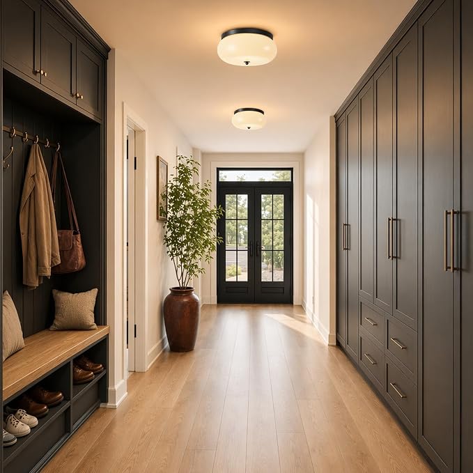 2-Light Black Ceiling Light, 11.02 in Milky White Glass Shade | Mid-Century Modern Metal Base, E26 Ceramic socket, Hallway, Kitchen, Bedroom, Bulb Not Included