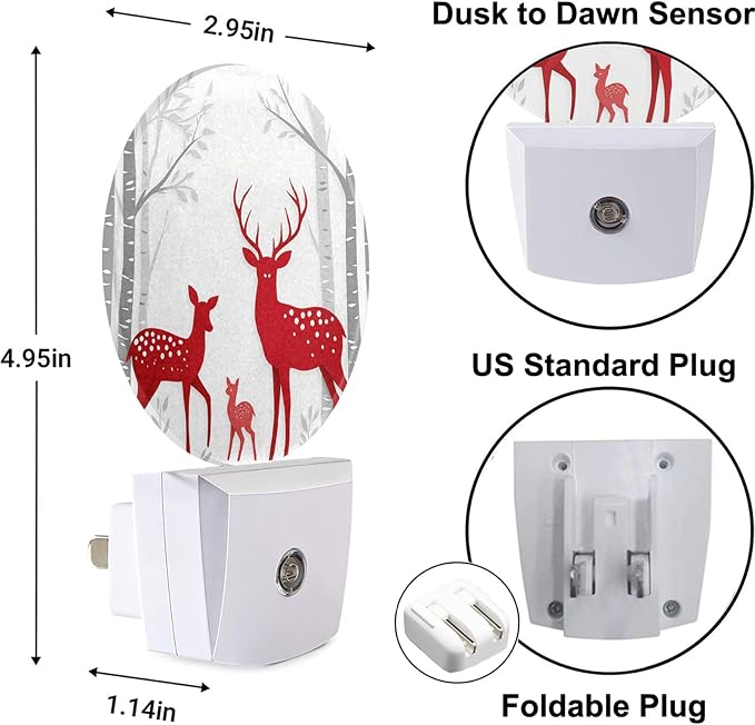 Deer Plug in Night Light Red Christmas Deer Birch Tree Winter Trunk Antler Wildlife Xmas Plug-in Nightlight Auto Sensor LED for Boys Girls Men Women Bedroom Bathroom Decor, LEDLAMP3009