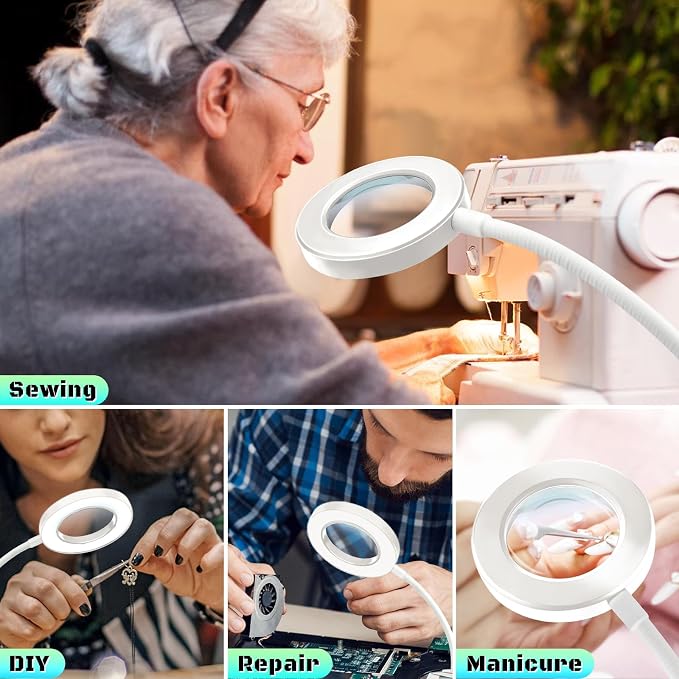 10X Magnifying Glass with Light, Clip on Mganifier with Light, 48 LED Desk Magnifying Glass wtih Clamp, 3 Modes Dimmable Magnifying LED Lamps for Bed Work Crafts DIY Repair White