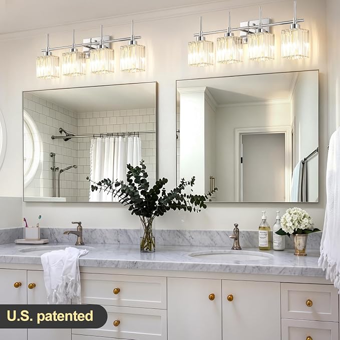 Torondo Modern Crystal Bathroom Vanity Light 4-Lights Chrome Bathroom Light Fixtures Over Mirror Vanity Lighting Fixtures Gold Square Shade Wall Sconce (Bulbs Not Include)