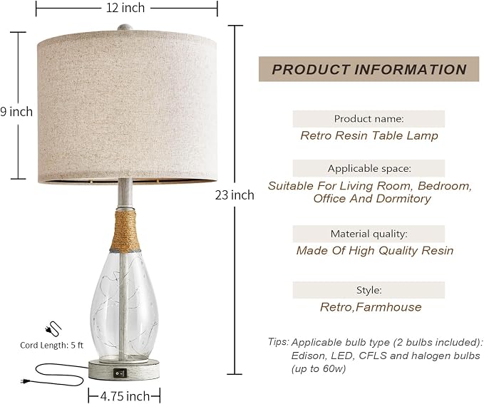23" Table Lamps for Living Room Set of 2 Bedside Lamps for Night Stands Bedroom Lamps Farmhouse Rattan Boho Lamp Glass Nightlight End Table Lamp with USB C+A (White),Two Light Points