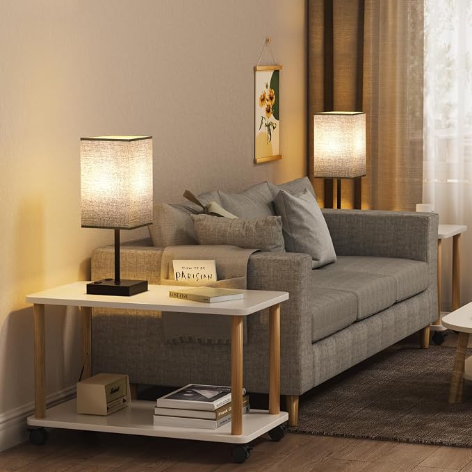 17.4" Set of 2 Table Lamp for Bedroom - Dimmable, USB C+A, 2 AC Outlets | 3-Way Touch Dimming, 3000K Warm White Bulb Included, Nightstand Lamp with Square Linen Shade, Room Decor for Men, Boys, Desk