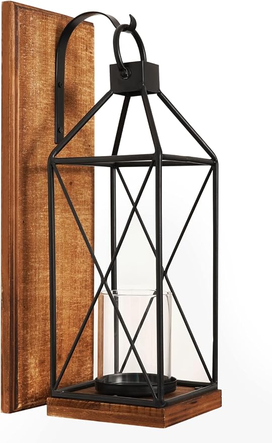 Homemory Wall Candle Sconces Set of 1, Rustic Wood Holders with Glass Decor | Dark Brown Wood and Glass Design Adds Rustic Farmhouse Style for Living Rooms, Bedrooms, Fireplaces and Wall Decor