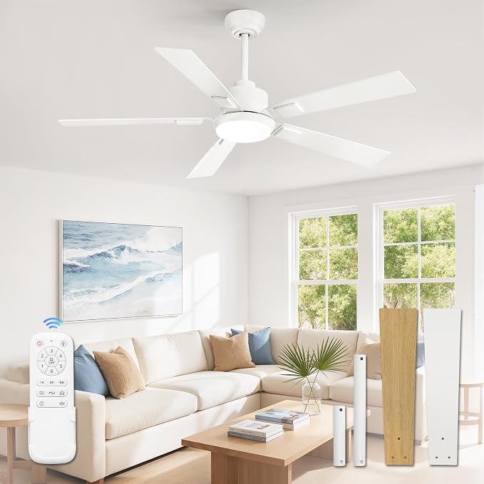 ZMISHIBO 52” Coastal Ceiling Fan with Light, Remote Control, White | High CFM Powerful Airflow, Quiet DC Motor, 3 CCT LED, Indoor/Covered Outdoor, Dual-Finish, Damp Rated