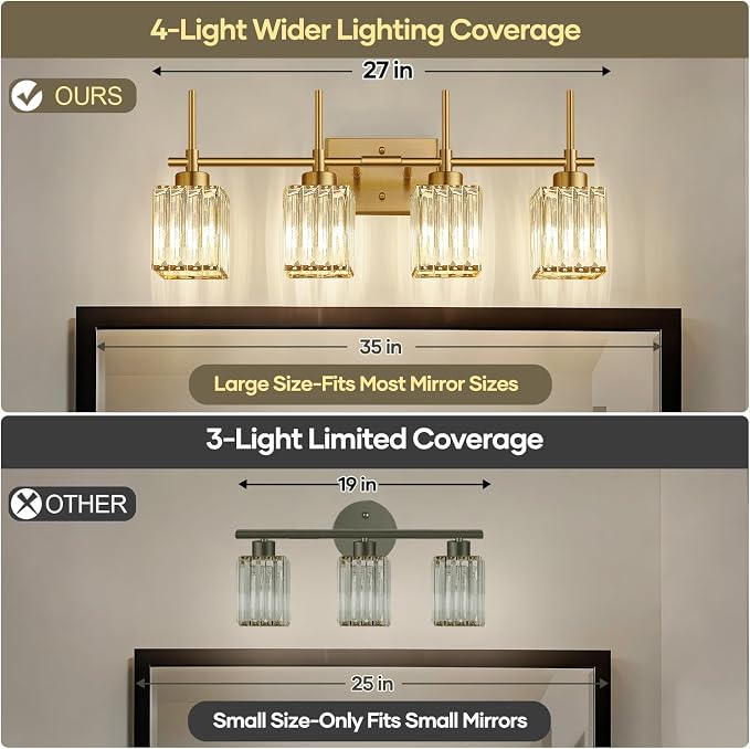 Torondo Modern Crystal Bathroom Vanity Light 4-Lights Brushed Gold Bathroom Light Fixtures Over Mirror Brushed Gold Vanity Lighting Fixtures Square Shade Brass Wall Sconce (Bulbs Not Include)