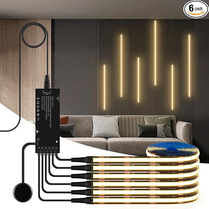 Black Cabinet Light COB LED Strip Lights | 6 pack penetrable touch dimmable suitable for display cabinet wine rack and backdrop lighting (Natural White, 9.9ft / 3M)