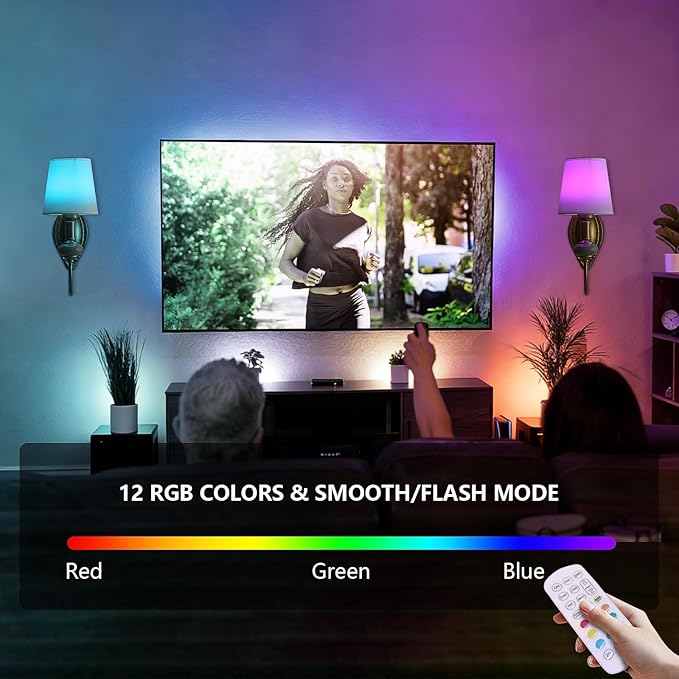 Vintage Battery Operated Wall Sconce Set of 2, Gold LED RGB 15 Color | Dimmable Wireless Wall Sconces with Remote Control, Antique Fabric Rechargeable Wall Lights for Bedroom Living Room Hallway
