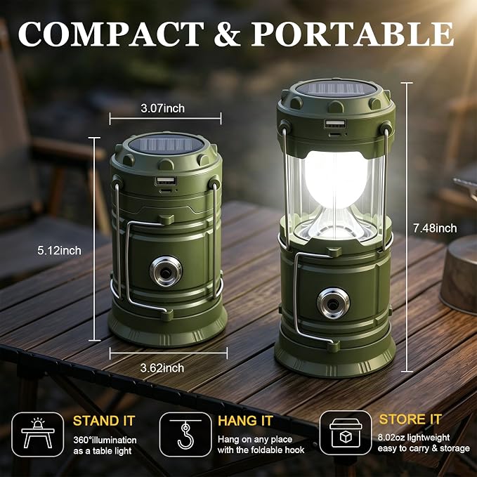 DIBMS 4-Pack Solar Camping Lantern, Collapsible Flashlight Emergency Lights | LED Solar USB Rechargeable Lamp Tent Hanging Lights Survival Kits for Hurricanes Power Outages Indoor Outdoor (Army Green)