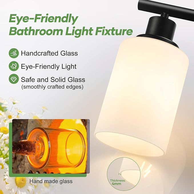 Zarbitta 2-Light Bathroom Light Fixtures,Black Modern Vanity Lights with Milky White Frosted Glass Shades,Bathroom Wall Lamp for Mirror Kitchen Living Room Hallway Cabinet Porch