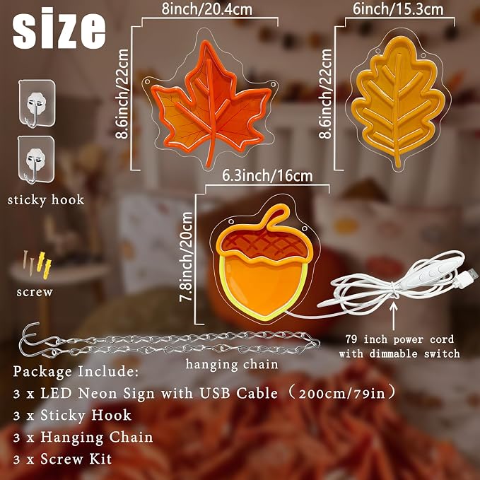 3Pcs Fall Thanksgiving Neon Signs UV-Printed Maple Leaf Acorn Led Neon Sign | USB UV-Printed Autumn Neon Light Up Sign for Mantel Porch Kitchen Wall Decor Harvest Party Thanksgiving Present