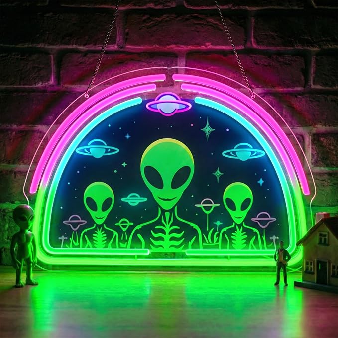 Alien Neon Sign,Neon Signs for Wall Decor,Space UFO LED Neon Light Wall Decor for Game Room,Mancave,Dorm & Party,Dimmable USB Powered Neon Wall Art Aesthetic for Teens,Gamers & Sci-Fi Lovers