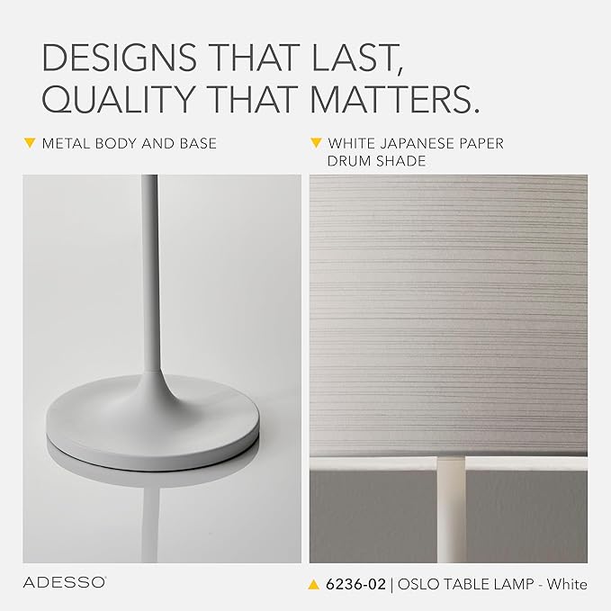 Adesso Table Lamp with Scratch Proof and Corrosion Resistant Body - Perfect Lighting for Bedroom and Living Room Decor, Matte White