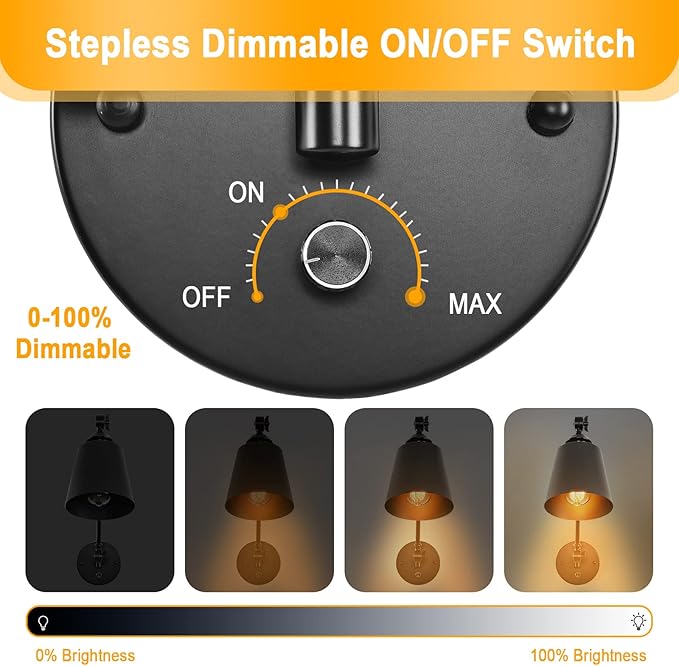 HOXIYA DIMMABLE Swing Arm Plug in Wall Lamps Set of 2, Plug-in Wall Sconce with Dimmer Switch Cord, Matte Black Metal Industrial Reading Light Fixture Wall Mounted for Bedside Bedroom Living Room
