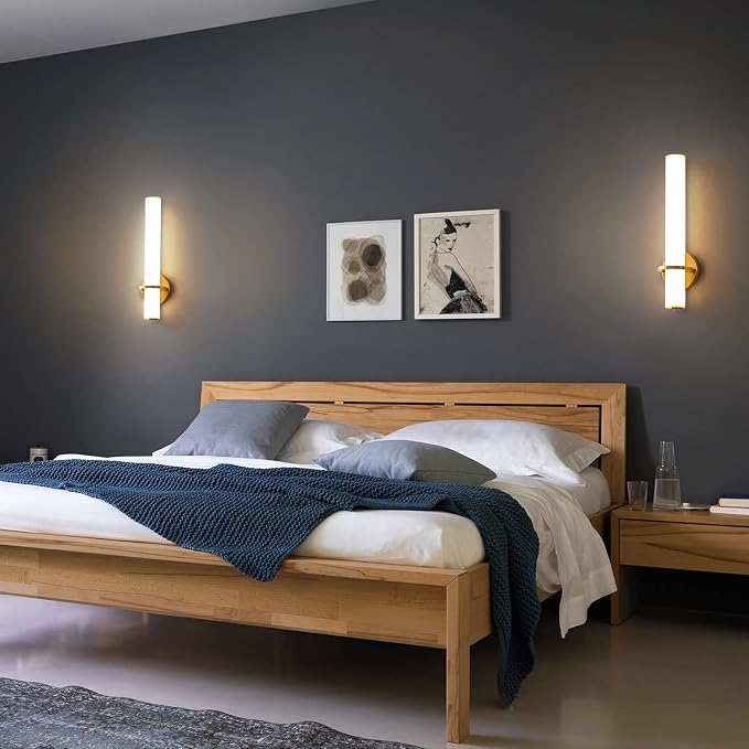 Hardwired Wall Sconces Set of Two 18 Inch Gold Bathroom Wall Sconces 18W 2700K-5000K LED Dimmable Modern Wall Lights with Acrylic Lampshade Brushed Gold Sconces for Bedroom Living Room Hallway