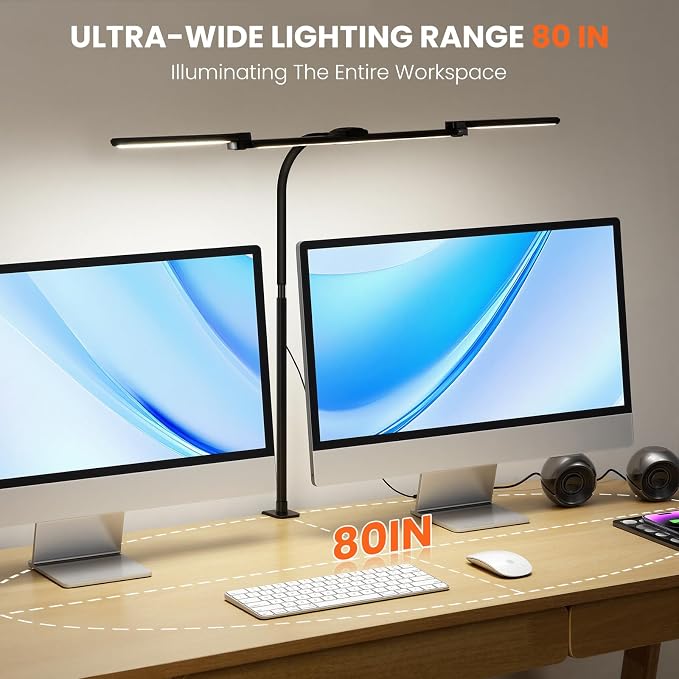 LED Desk Lamp for Office Home, 3 Head Adjustable Desk Light with Adapter | Computer Monitor light Bar Stepless Dimming, Eye Caring Architect Desk Lamp Table Lamp for Reading Study Workbench Black