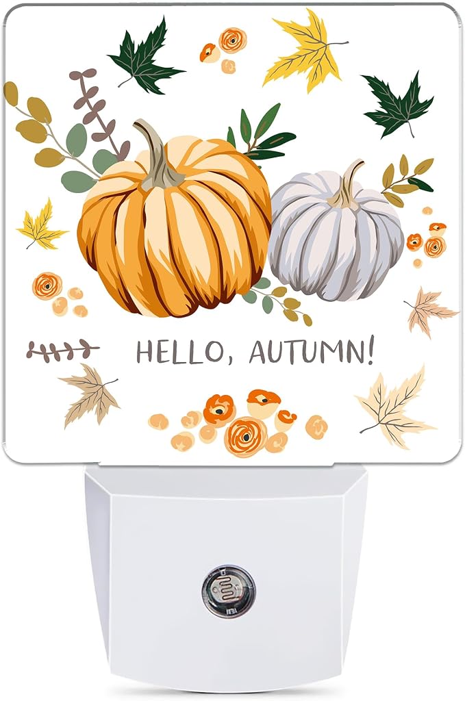 Hello Autumn Night Light, Orange Pumpkins Night Lights Plug into Wall Decor for Bedroom, Bathroom, Hallway, Kitchen, Dusk to Dawn Sensor Nightlights for Boys Girls Women Men Room Gifts