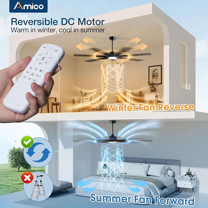 Amico 66 Inch Ceiling Fans with Lights and Remote, Walnut | 6 Speed Reversible DC Motor, 3CCT, Dimmable, Quiet, Timer, Large Modern Ceiling Fan for Living room, Indoor/Outdoor